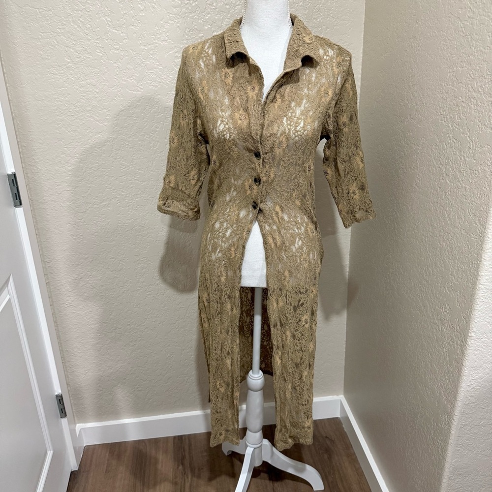 Moussy Tan Sheer Floral Lace Shirt Dress Cardigan Duster Size Free-One Size Boho
